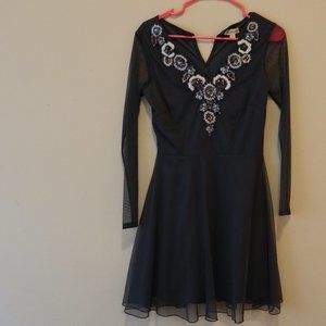 Frock & Frill Midnight Blue Dress with White Floral Embroidery